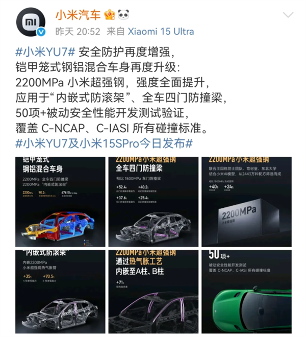 Xiaomi YU7's structural framework with 2200MPa steel