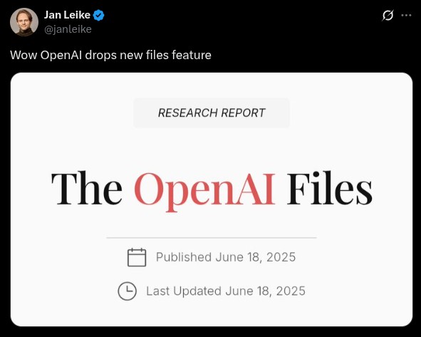 Tweet from former OpenAI employee Jan Leike about The OpenAI Files sharing concerns about the impact on AI safety in the pivot towards profit.