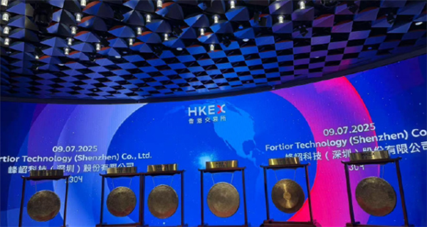 Six gongs lining HKEX stage during crowded listing ceremony