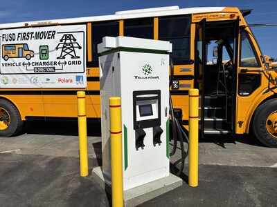 A Tellus Power bidirectional charger plugged into a Thomas Built electric school bus at the Fremont Unified School District bus depot.